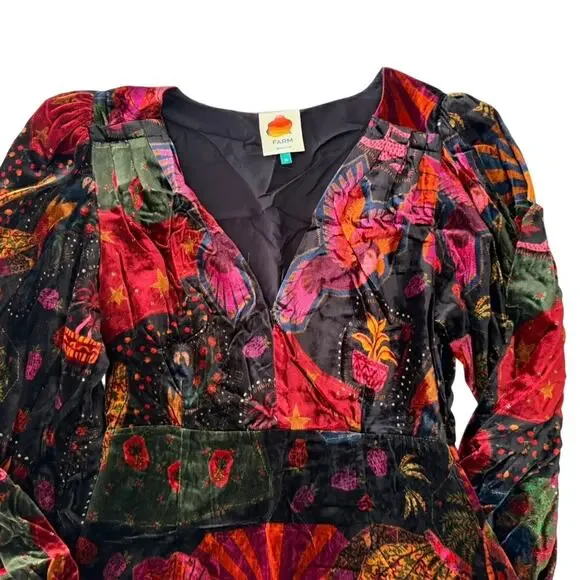 FARM Rio Crazy Mix Velvet Dress Size Medium V-Neck Long Sleeve Party Night Out - Picture 3 of 11
